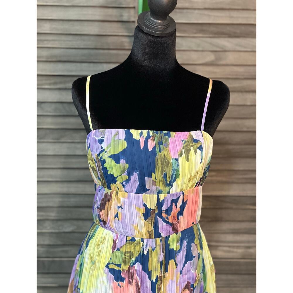Lulus Holloway Watercolor Floral Pleated Chiffon Maxi Dress Size M Dark Blue - Picture 6 of 12